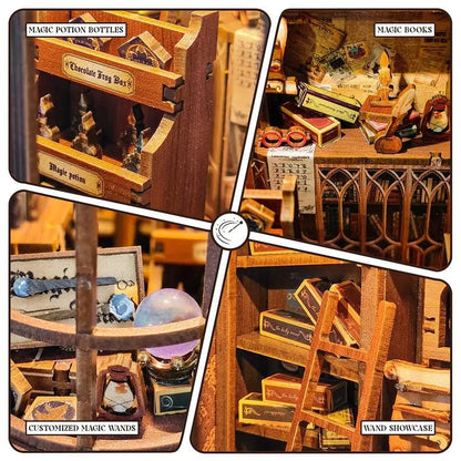 miniature wizard shop interior with floating scrolls