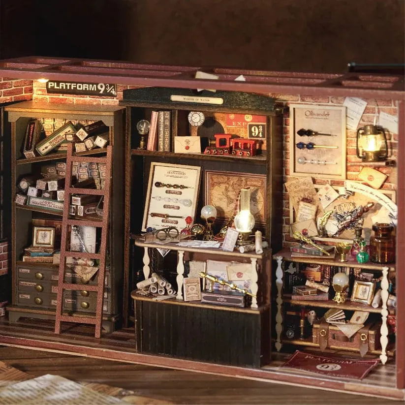 Harry Potter inspired magic shop book nook displayed on a bookshelf