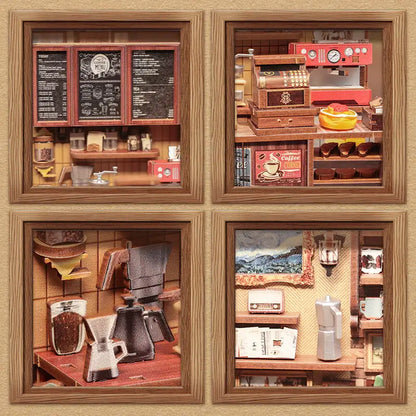 Four framed dioramas of a coffee shop interior with various coffee-making equipment and decor.