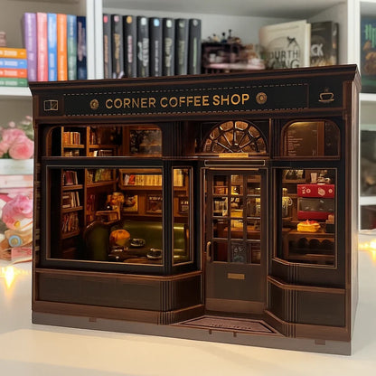 Model of a corner coffee shop with detailed interior and 'Corner Coffee Shop' sign.